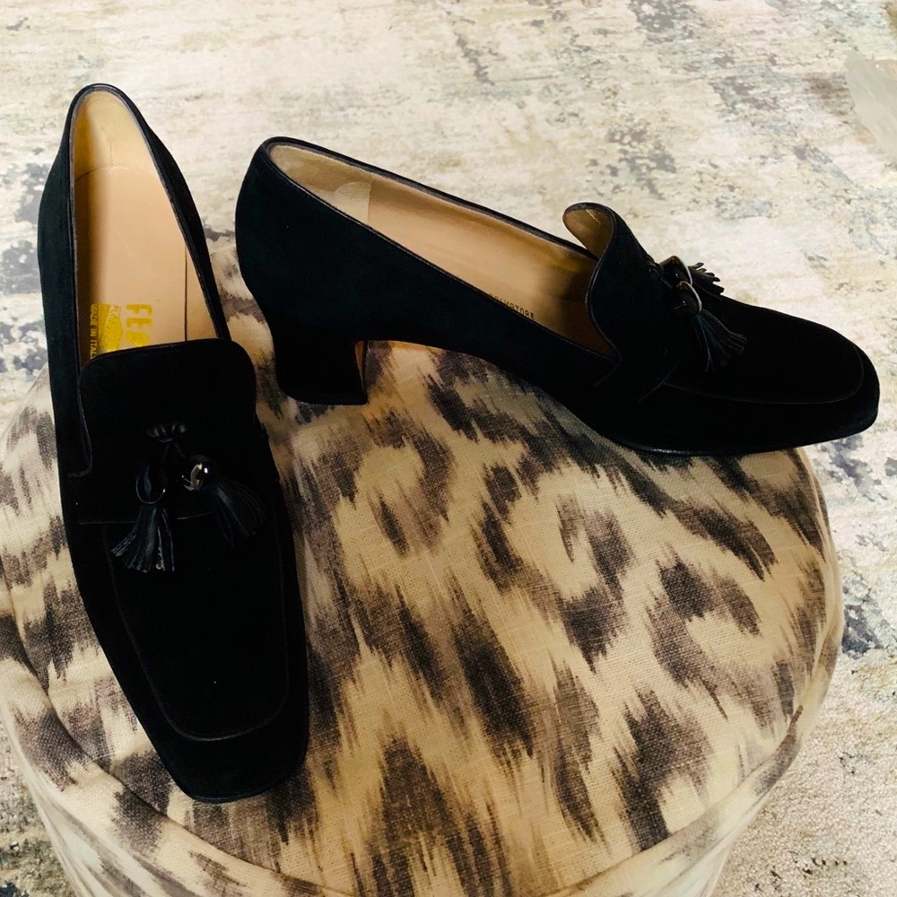 Ferragamo Black Suede Heeled Loafers - EUC